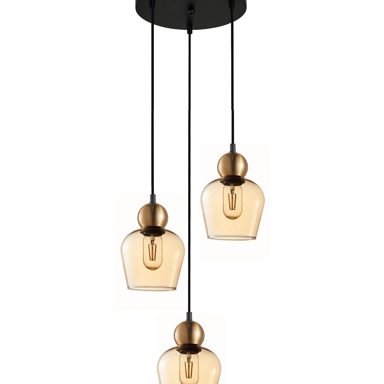CHAMPAN: Interior Bronze Amber / Smokey Black Glass Ellipse Multiple Round Base Pendant Lights