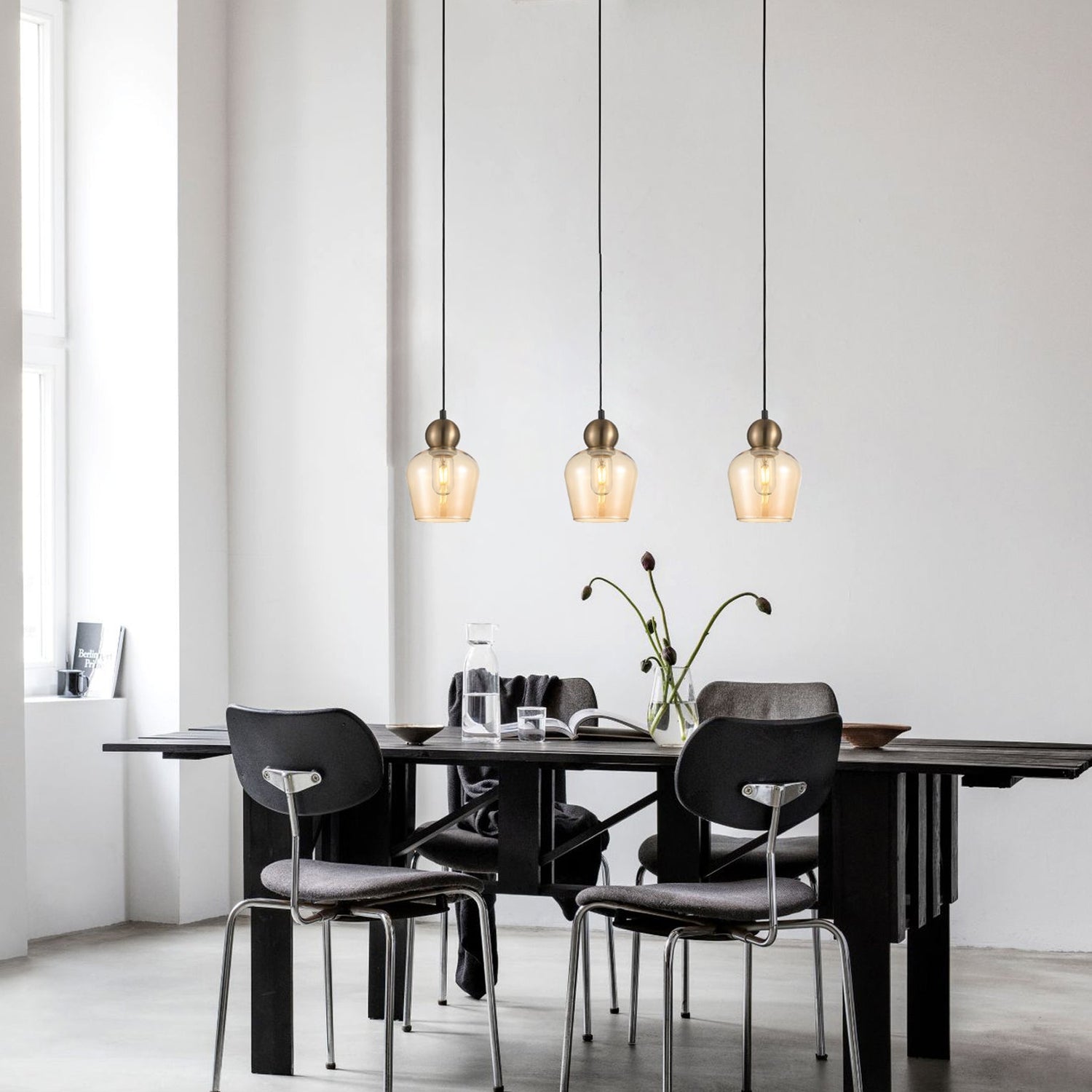 CHAMPAN: Interior Bronze Amber / Smokey Black Glass Ellipse Multiple Bar Base Pendant Lights