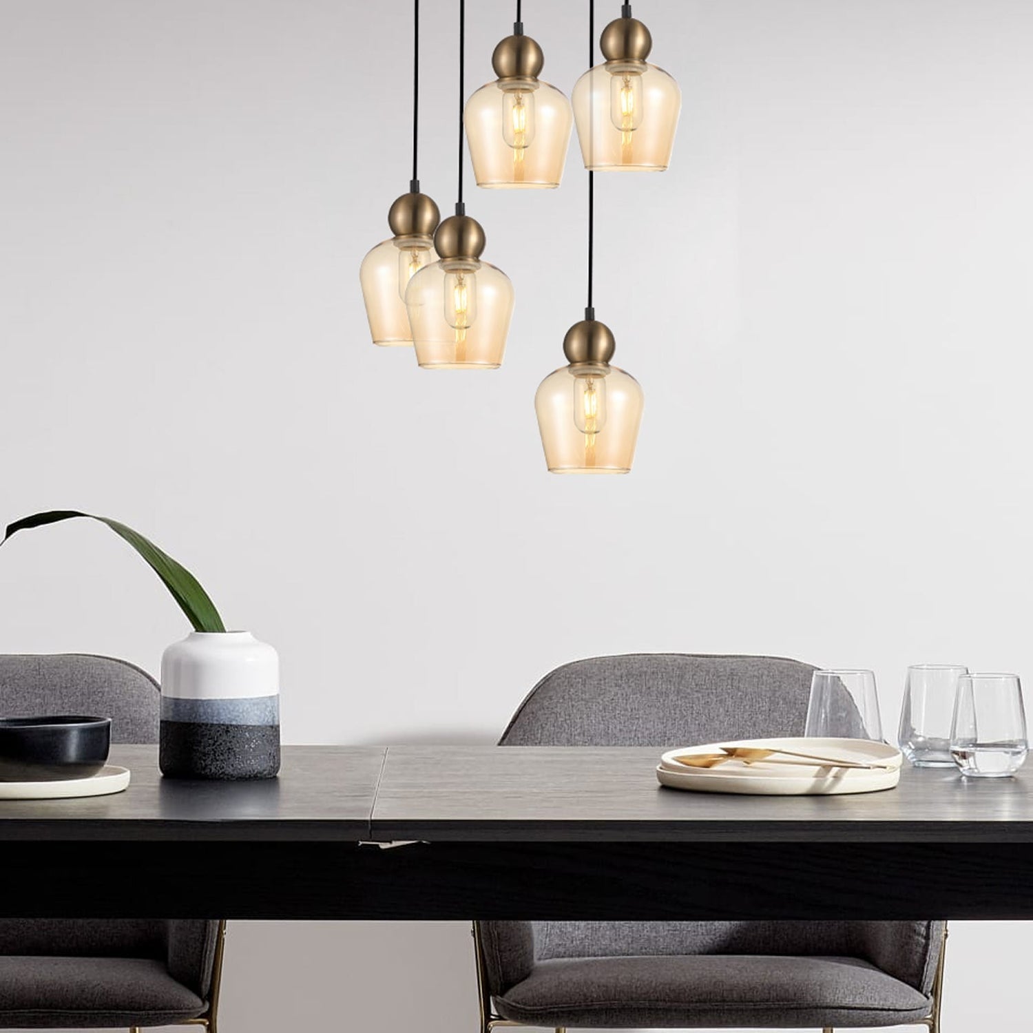 CHAMPAN: Interior Bronze Amber / Smokey Black Glass Ellipse Pendant Lights