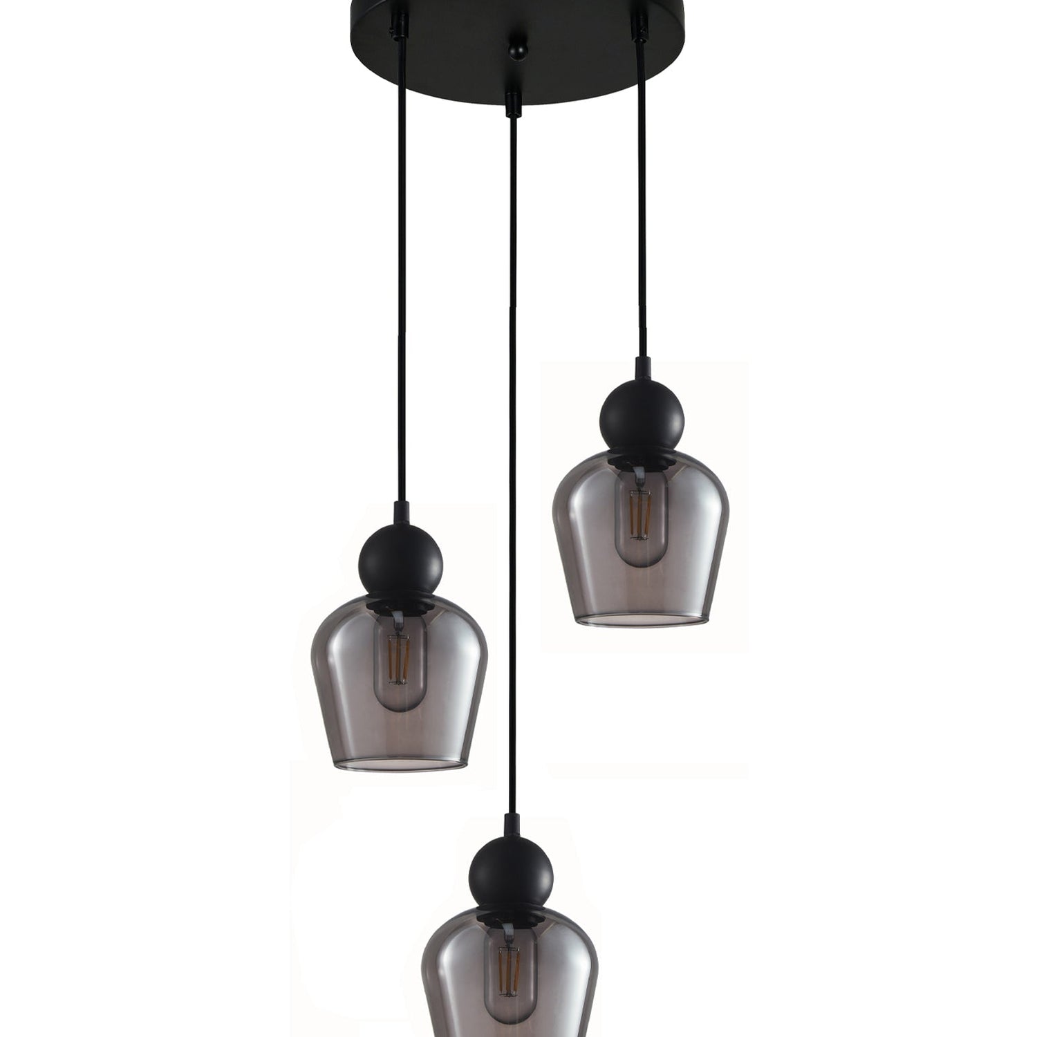 CHAMPAN: Interior Bronze Amber / Smokey Black Glass Ellipse Multiple Round Base Pendant Lights