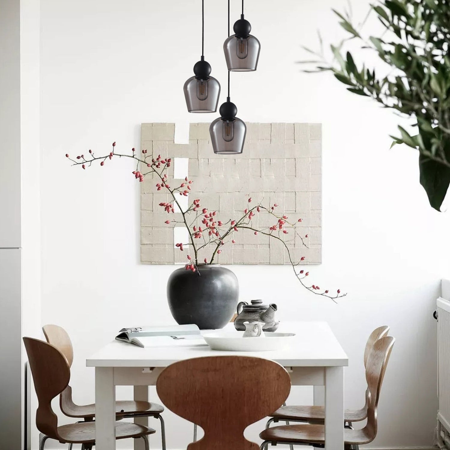 CHAMPAN: Interior Bronze Amber / Smokey Black Glass Ellipse Multiple Round Base Pendant Lights