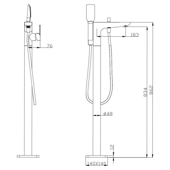 Floor Standing Mixer With Diverter Handheld Shower - Chrome Technical Drawing