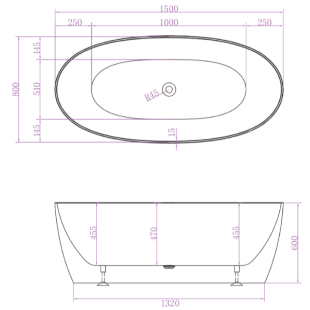 Delta Free Standing Bathtub with No-Overflow (Matte White) 1500/1700mm