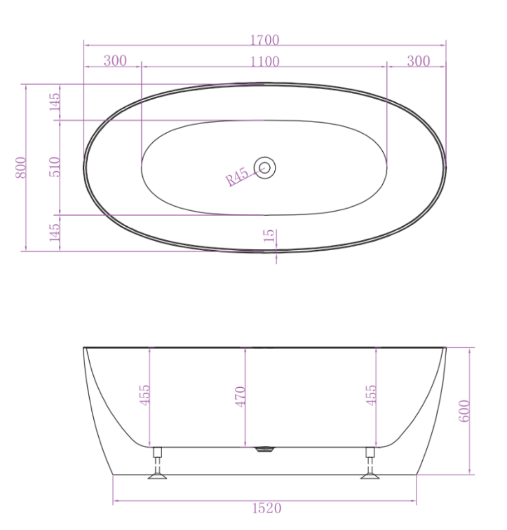 Delta Free Standing Bathtub with No-Overflow (Matte White) 1500/1700mm