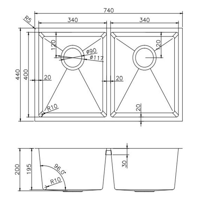 Double Bowl Handmade 304 Stainless Steel Sink 740x440mm