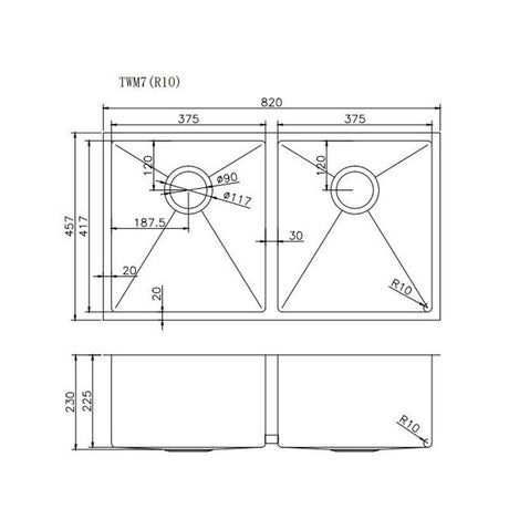 Double Bowl Handmade 304 Stainless Steel Sink 820x457x230mm