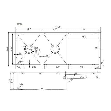 Double Bowl Handmade 304 Stainless Steel Sink II 1160x460x230mm