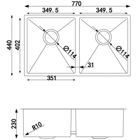 Double Bowls Top/Undermount Kitchen/Laundry Handmade 304 Stainless Steel Sink 770*440*230mm