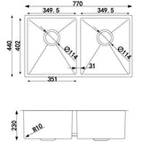 Double Bowls Top/Undermount Kitchen/Laundry Handmade 304 Stainless Steel Sink 770*440*230mm