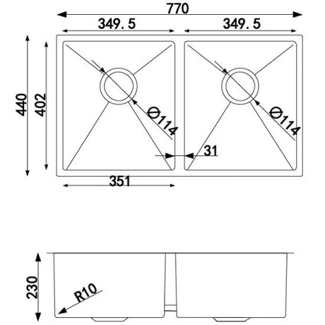 Double Bowls Top/Undermount Kitchen/Laundry Handmade 304 Stainless Steel Sink 770*440*230mm