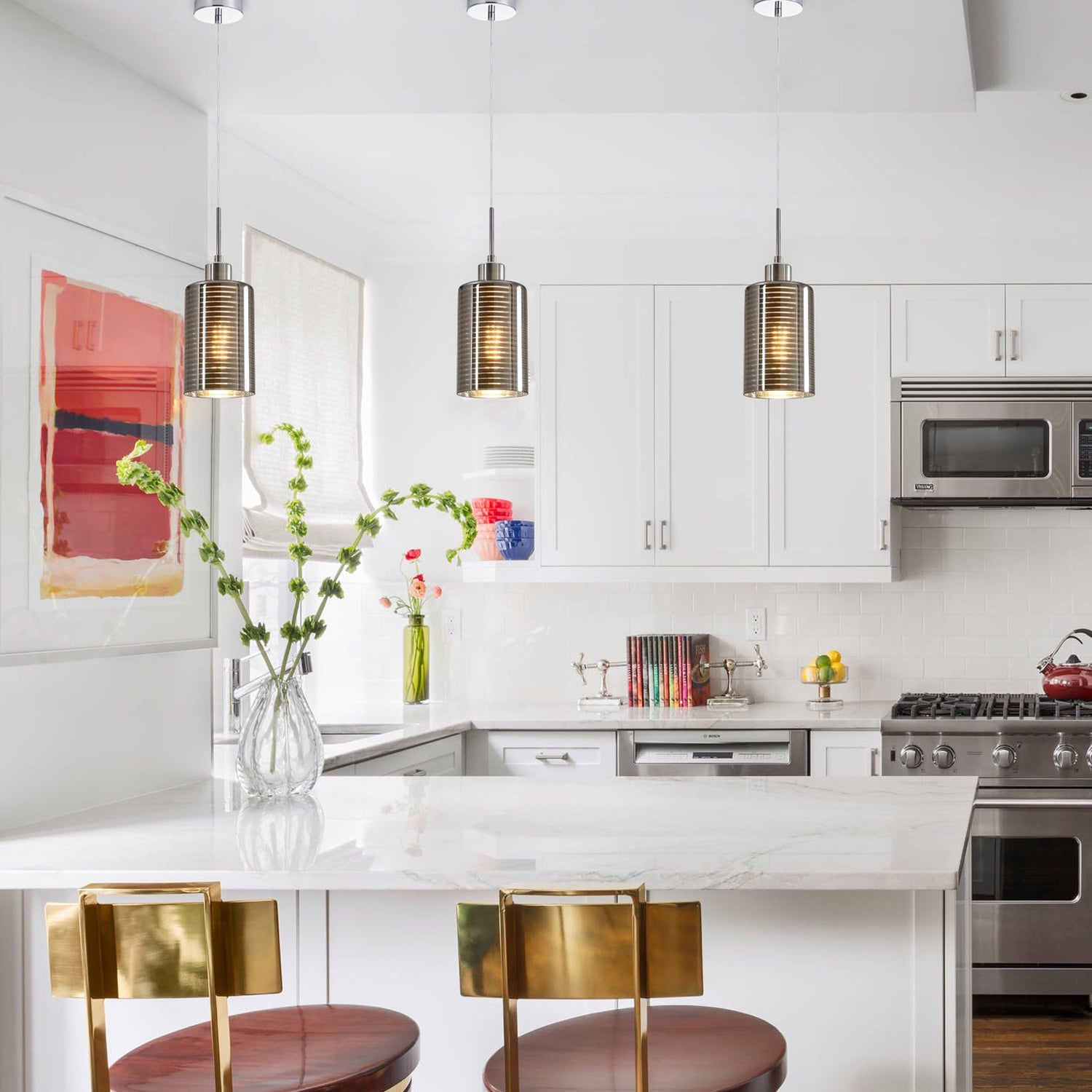 ESPEJO1: Interior Iron & Chrome Oblong Glass with Line Effect Pendant Lights