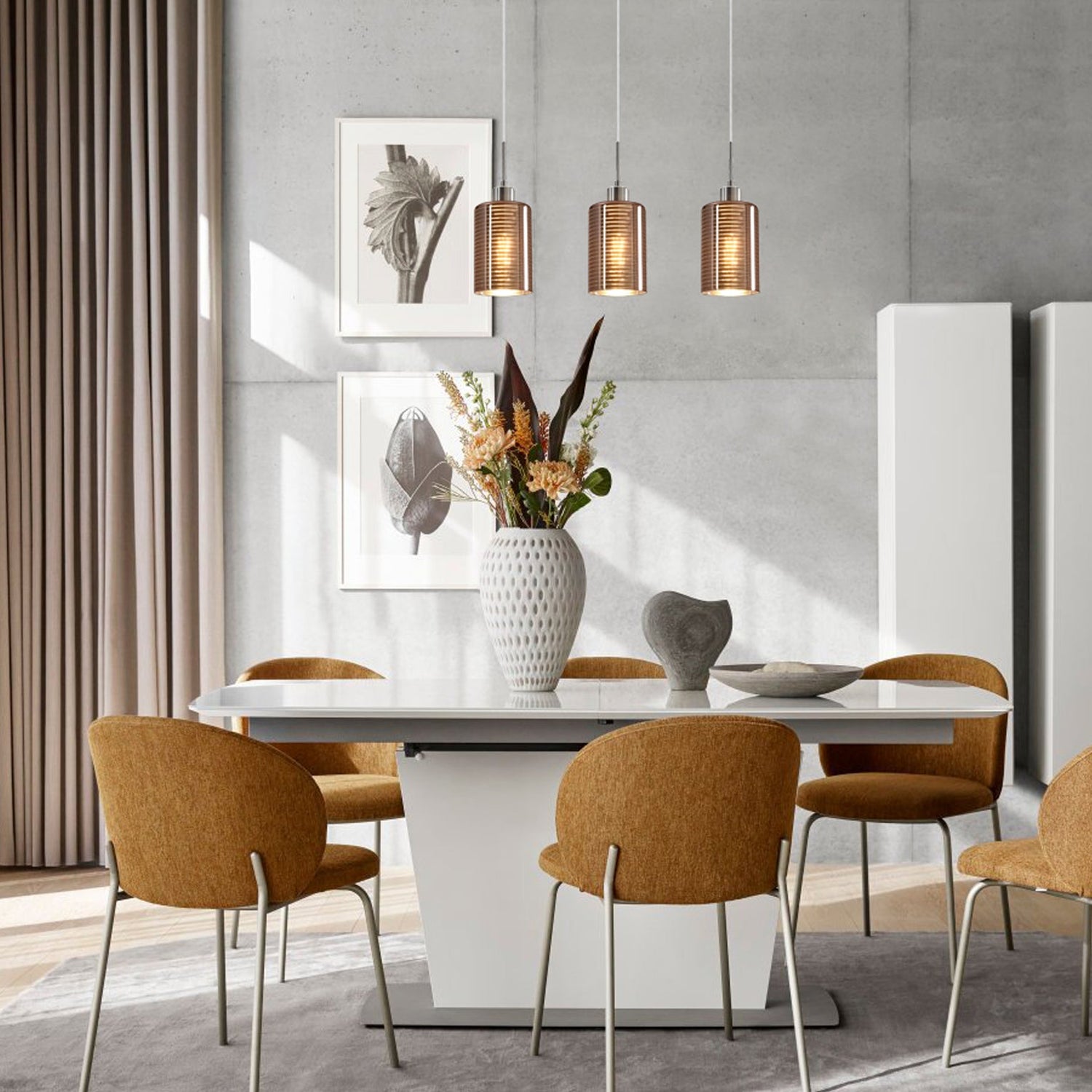 ESPEJO2: Interior Iron & Rose Gold Oblong Glass with Line Effect Pendant Lights