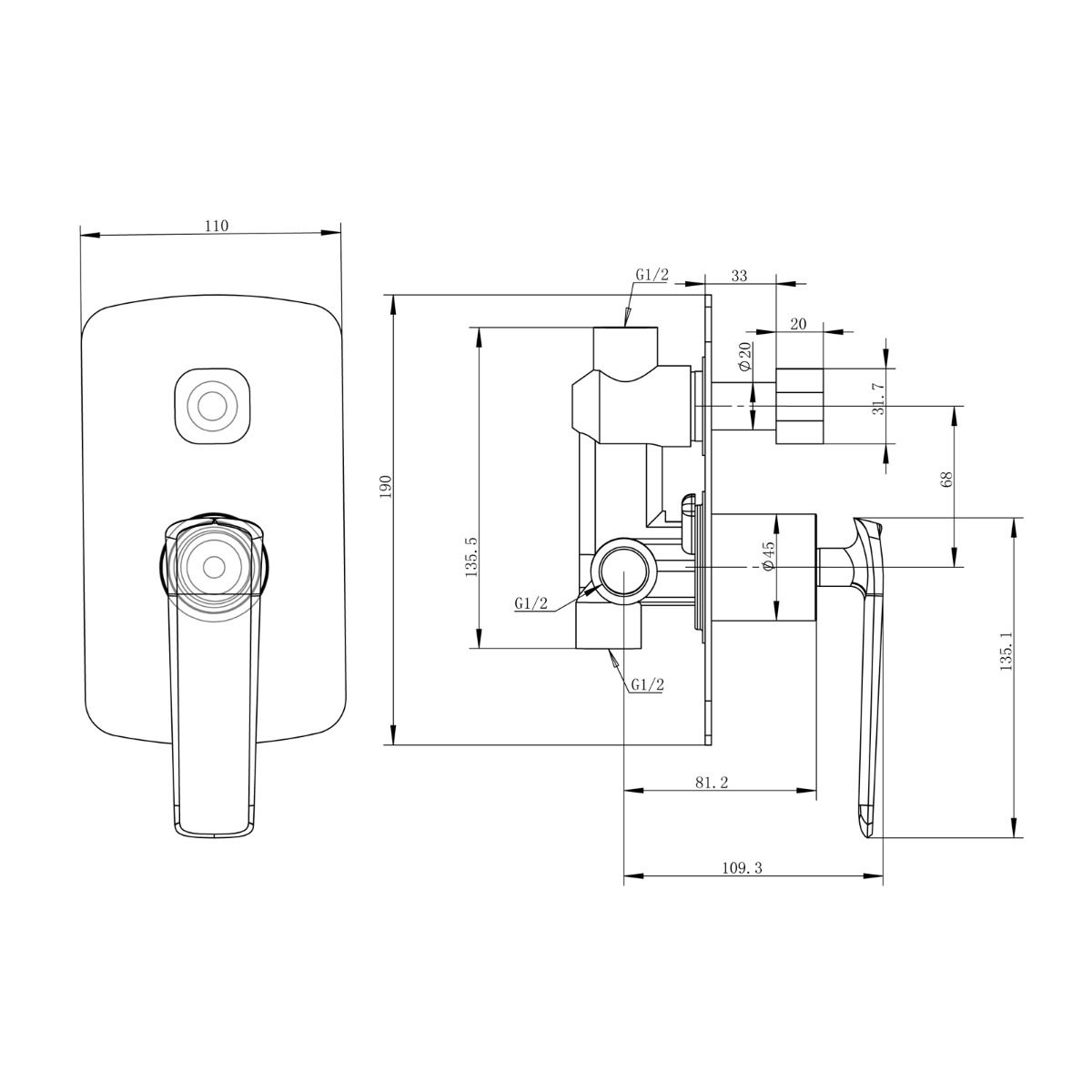Esperia Wall Mixer With Diverter - Matte Black Technical Drawing