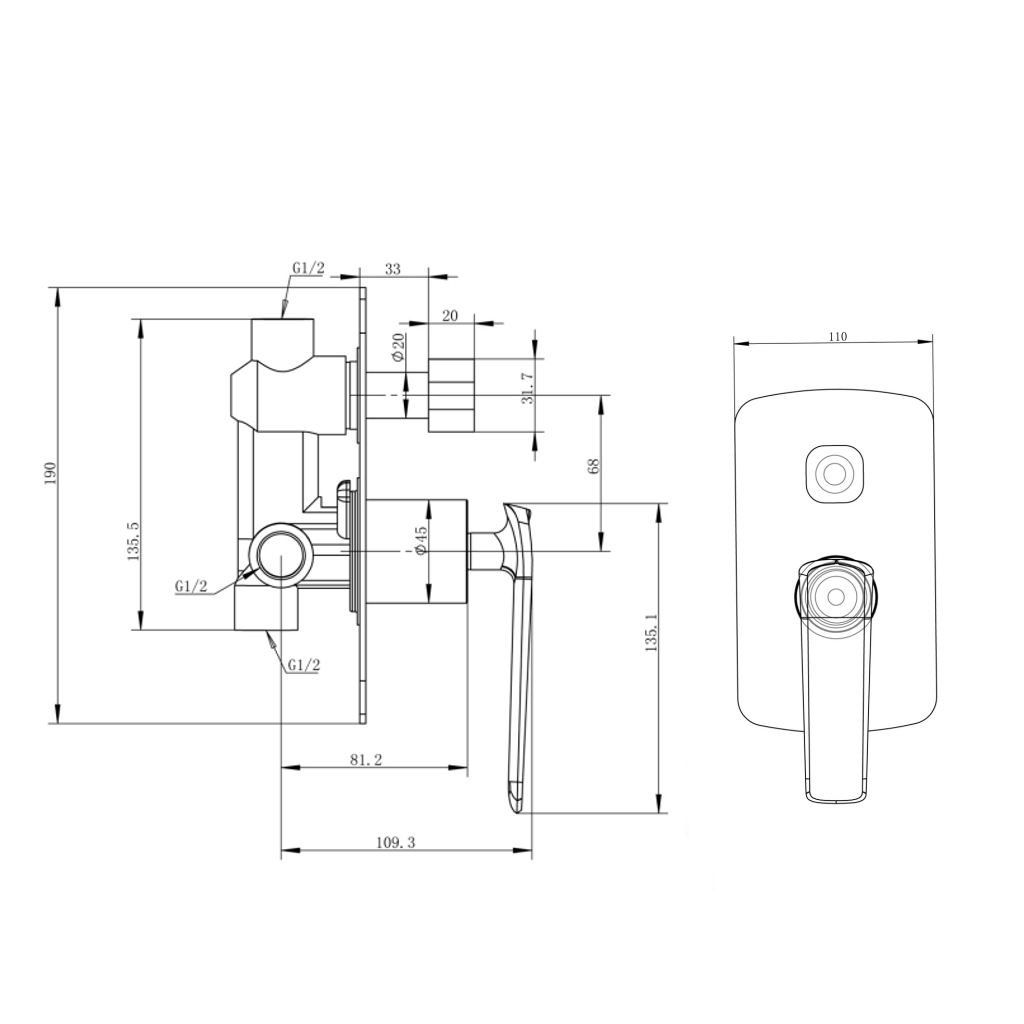 Esperia Diverter Mixer - Brushed Gun Metal Technical Drawing