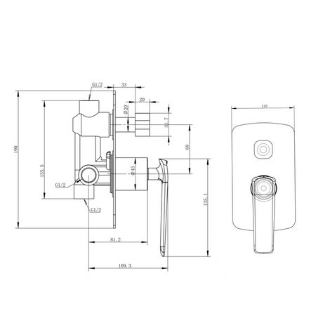 Esperia Diverter Mixer - Brushed Gun Metal Technical Drawing