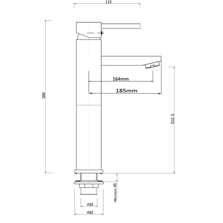 Pentro Round Tall Basin Mixer - Brushed Brass Technical Drawing