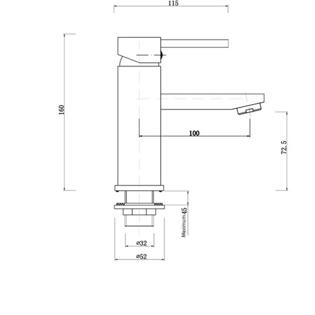 Pentro Round Basin Mixer - Brushed Brass Technical Drawing