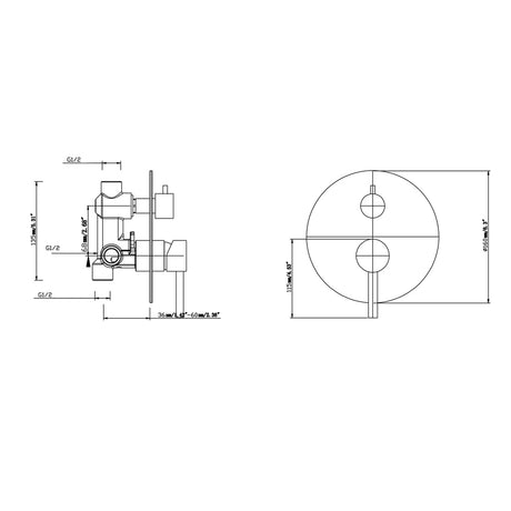 Pentro Round Wall Mixer Tap With Diverter - Brushed Gun Metal Technical Drawing