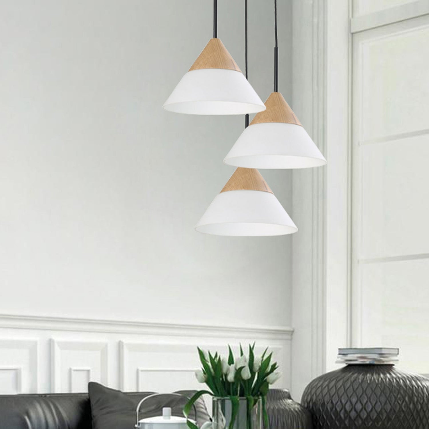 FINN: Scandinavian Blonde Wood & Opal Glass Wide Cone Pendant Light