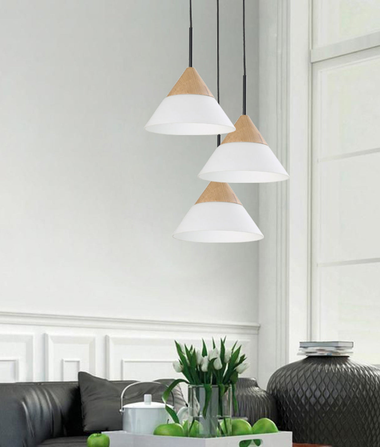 FINN: Scandinavian Blonde Wood & Opal Glass Wide Cone Pendant Light