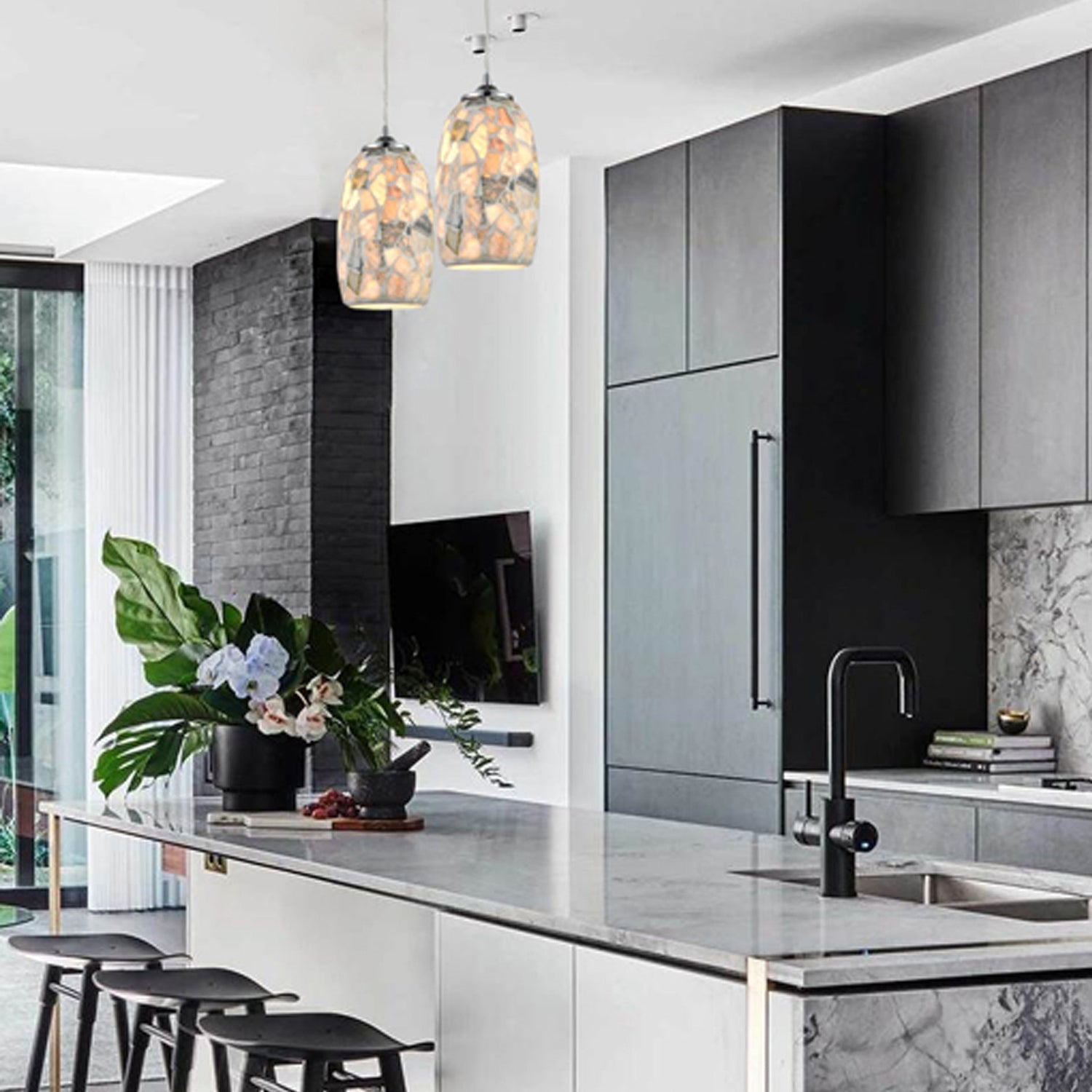 GLAZE: Stone Mosaic Hand Blown Glass Pendant Lights