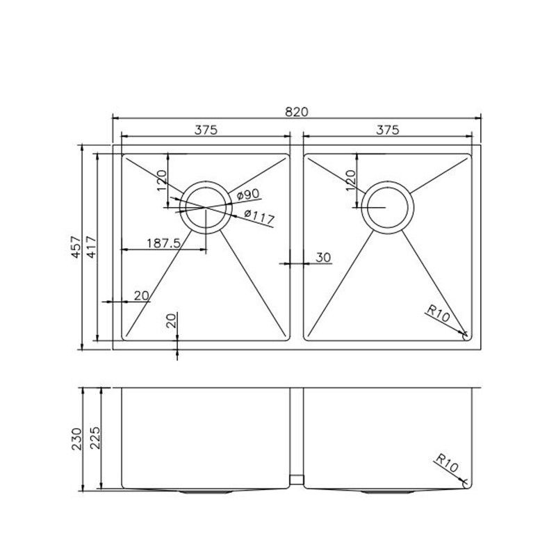 Gunmetal Stainless Steel PVD Double Bowl Kitchen Sink (820x457x230)
