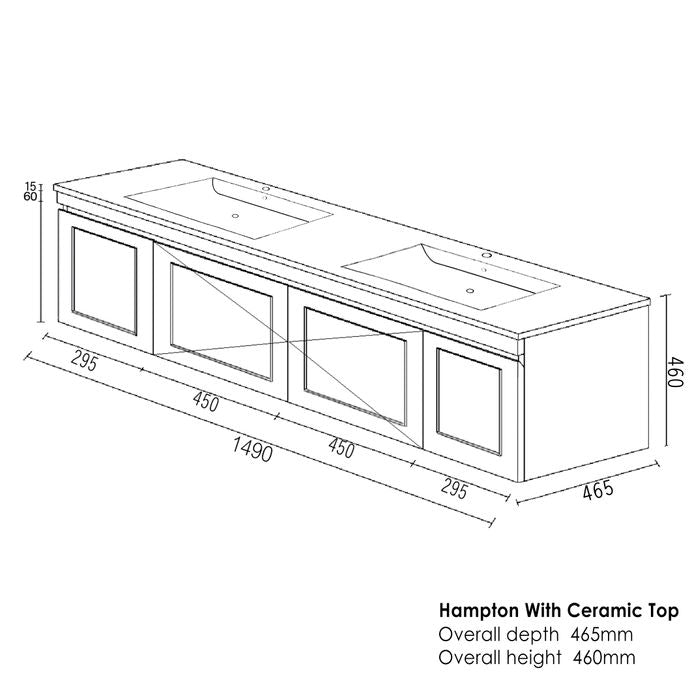 HAMPTON Mark II Wall Hung Vanity 1500mm Satin White