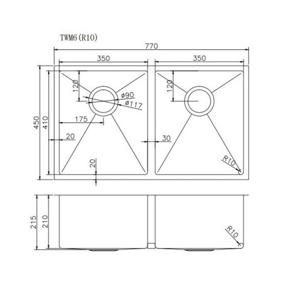Handmade Top/Undermount Double Bowls Kitchen Sink 770x450x215mm 1.2mm