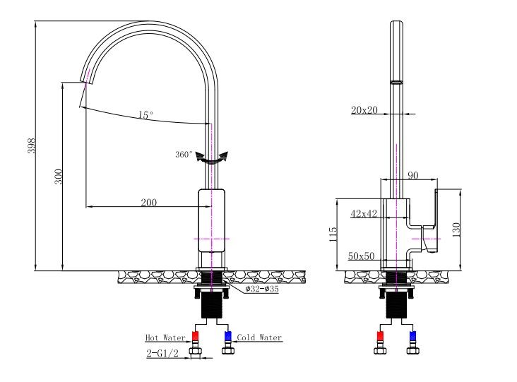 IVANO Square Kitchen Mixer - Chrome Technical Drawing