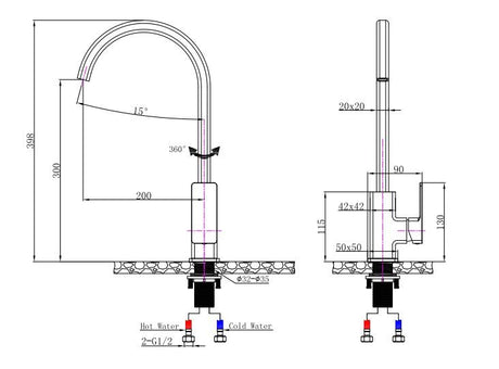 IVANO Square Kitchen Mixer - Chrome Technical Drawing