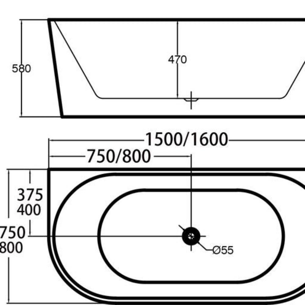 DANA Gloss White Back To Wall Bathtub with Non-Overflow (1500/1600mm)