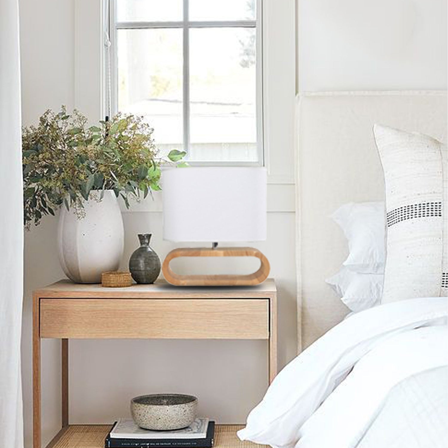 LOTUS: Blonde / Dark Wood Cloth Shade Table Lamps
