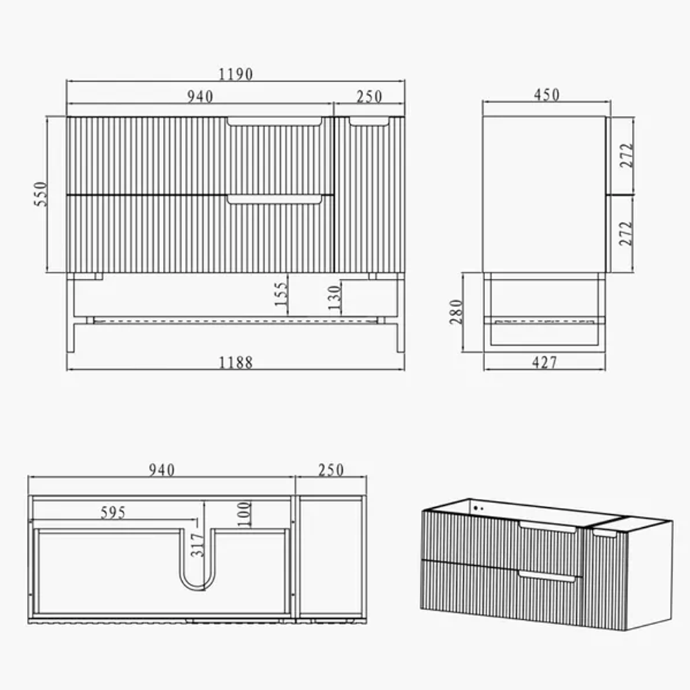 Inspire Bathware NOOSA Wall Hung Vanity 1200mm Specification Drawing