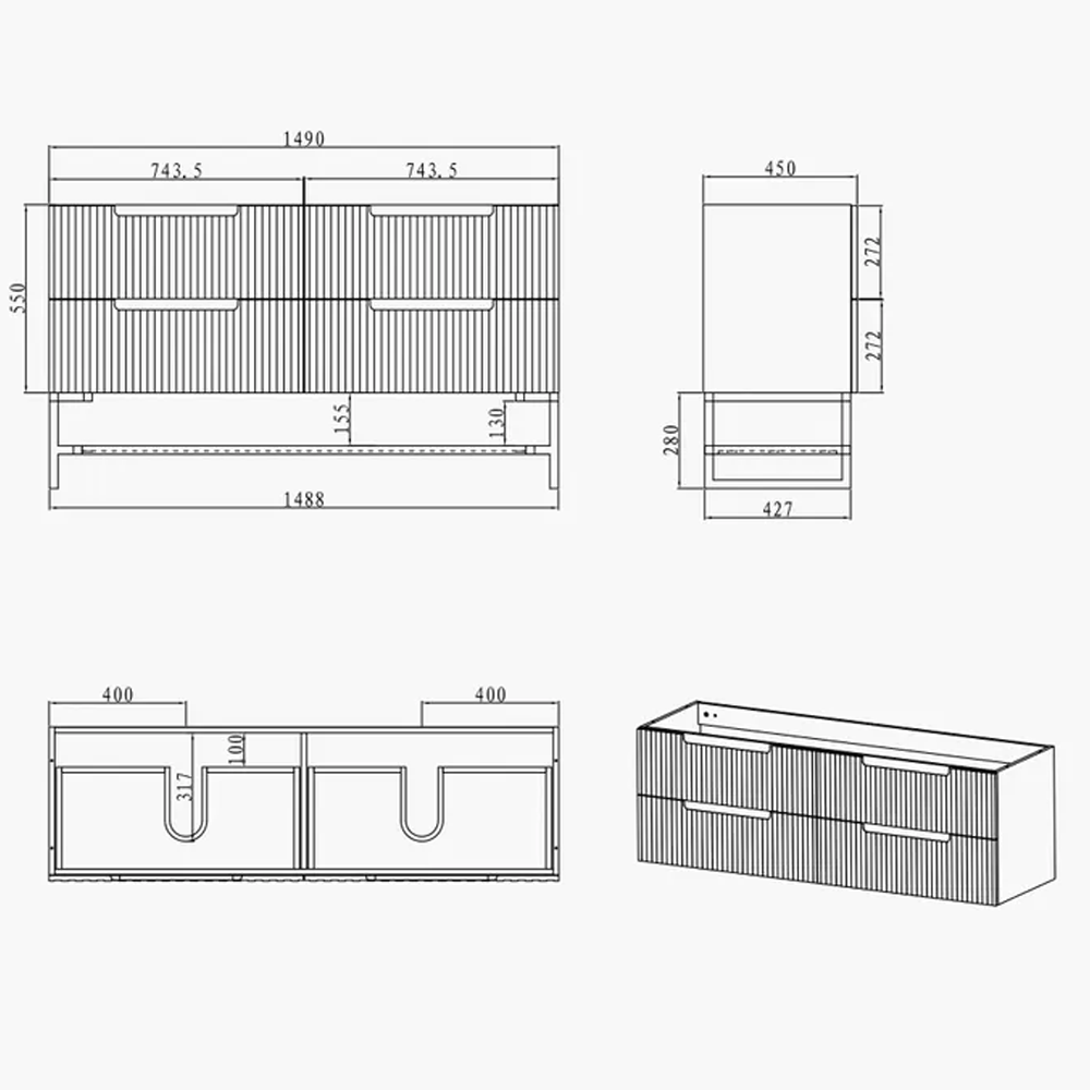 Inspire Bathware NOOSA Wall Hung Vanity 1500mm Specification Drawing