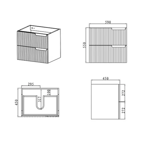 Inspire Bathware NOOSA Wall Hung Vanity 600mm Specification Drawing