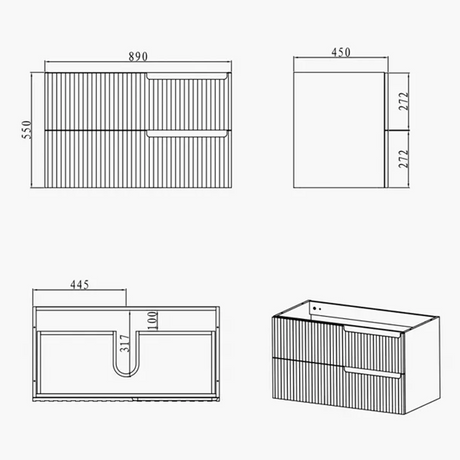 Inspire Bathware NOOSA Wall Hung Vanity 900mm Specification Drawing