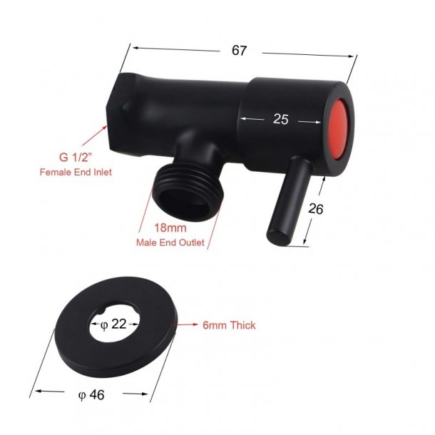 BLAZE Round Black 1/4 Turn Washing Machine Stop Tap Specification Drawing
