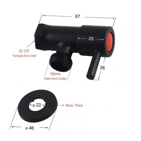 BLAZE Round Black 1/4 Turn Washing Machine Stop Tap Specification Drawing
