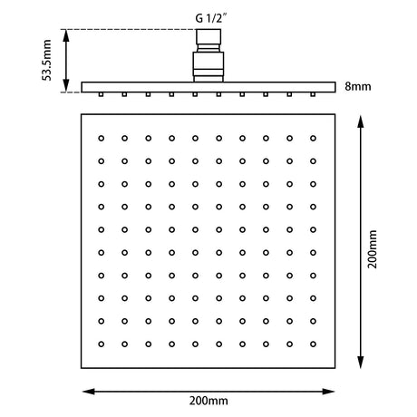 AQU Square Rainfall Brass Shower Head 200mm - Black