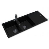 ARETE Black Granite Quartz Stone Double Kitchen Sink with Drainboard 1160x500mm