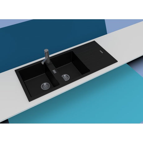 ARETE Black Granite Quartz Stone Double Kitchen Sink with Drainboard 1160x500mm