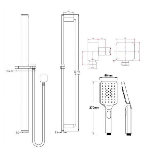 AQU Square Sliding Shower Rail With 3 Mode Handheld Shower Wall Connector Set - Black