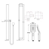 AQU Square Sliding Shower Rail With 3 Mode Handheld Shower Wall Connector Set - Black