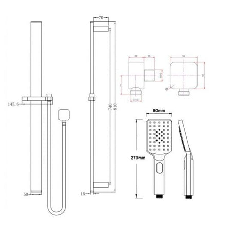 AQU Square Sliding Shower Rail With 3 Mode Handheld Shower Wall Connector Set - Black