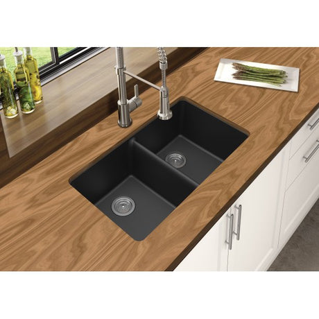 ARETE Black Granite Quartz Stone Double Kitchen Sink 838x476mm