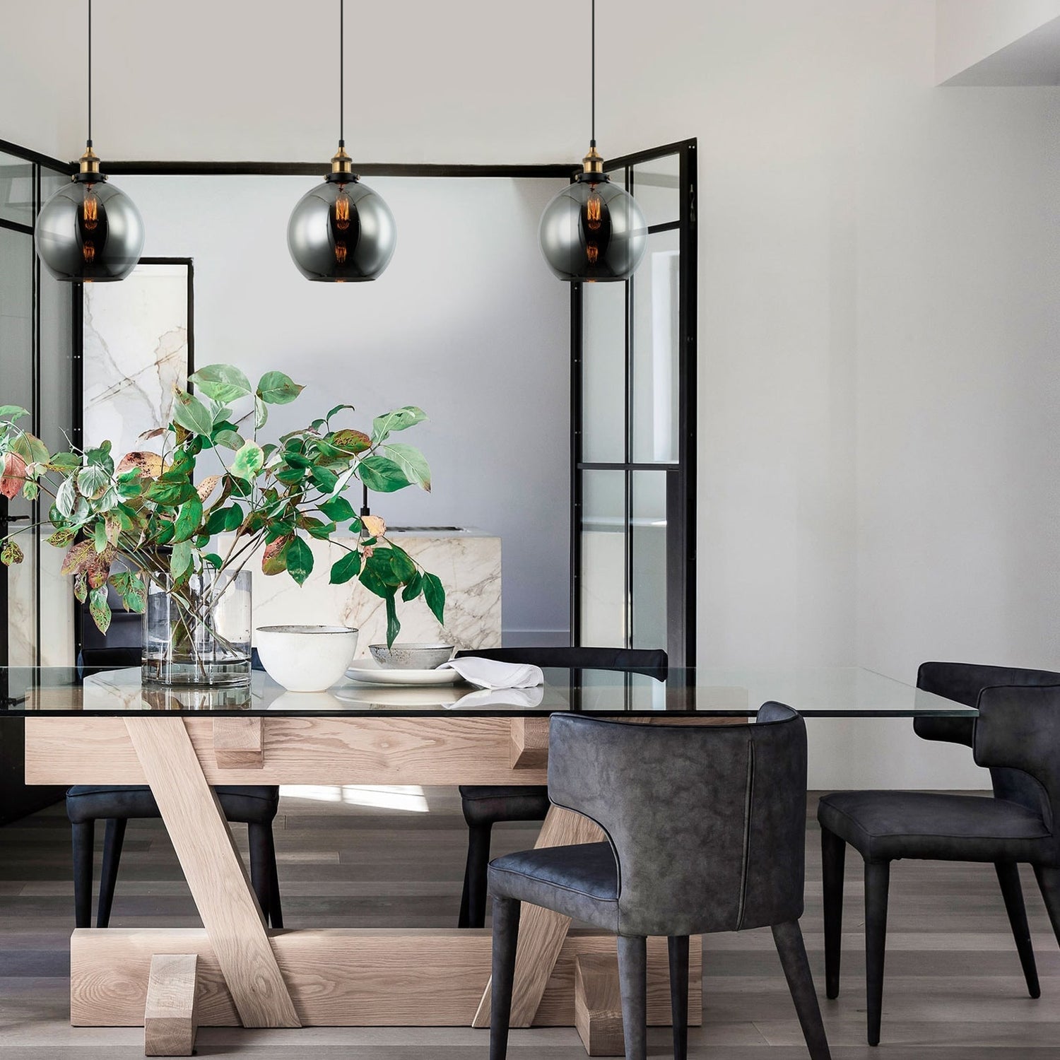 PESINI: Interior Wine Glass with Antique Brass/ Chrome Highlight Pendant Lights
