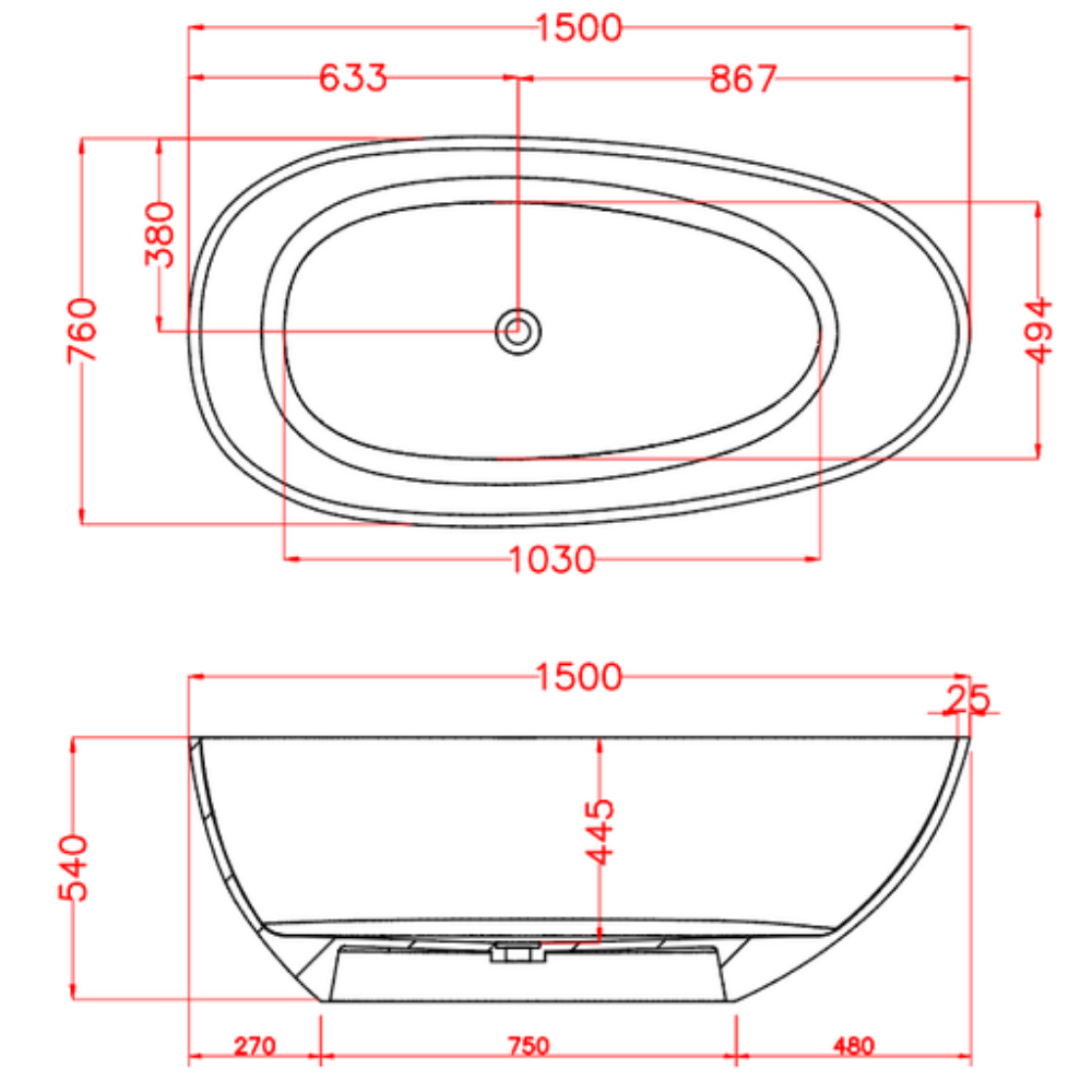 Transparent Midnight Black Petii Egg shape Freestanding Bathtub with No-Overflow - 1500/1700