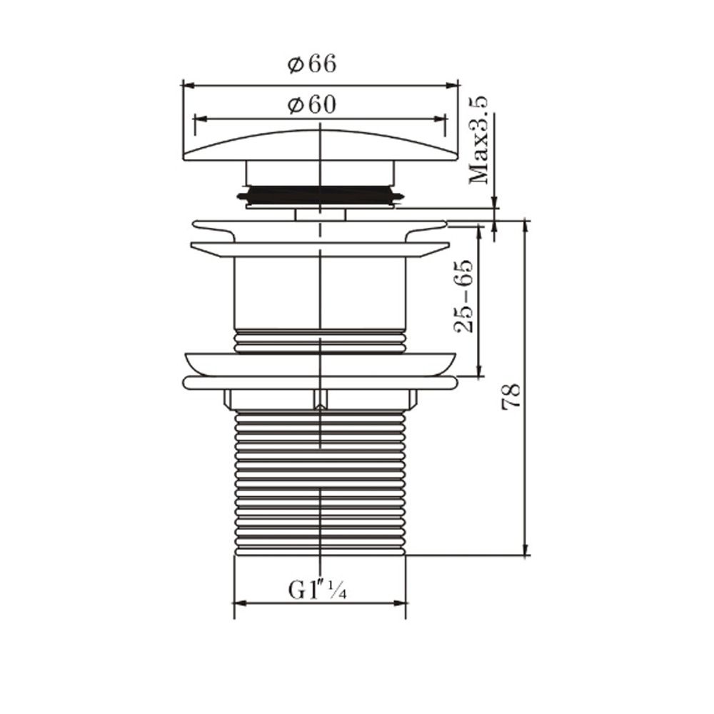 Pop Up Waste With Non Overflow - Brushed Gun Metal Technical Drawing