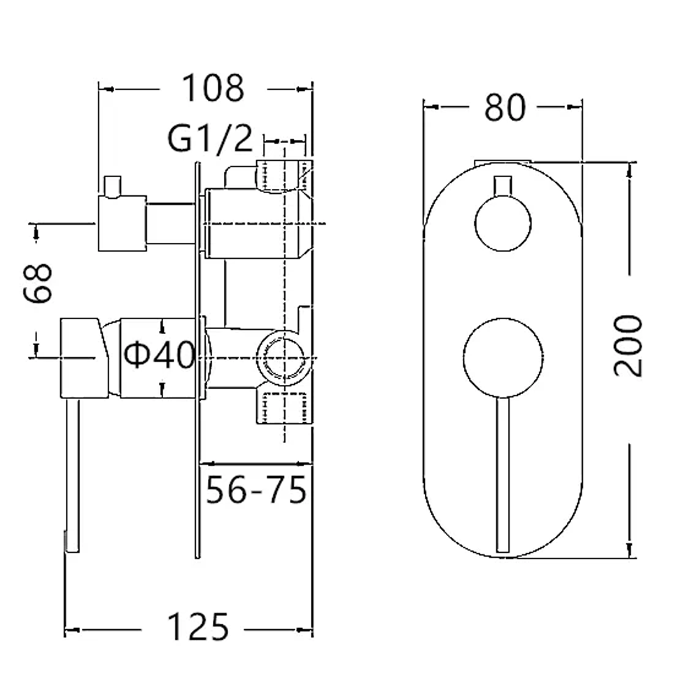 ROUL Shower/Wall Mixer with Diverter - Black & Rose Gold Technical Drawing