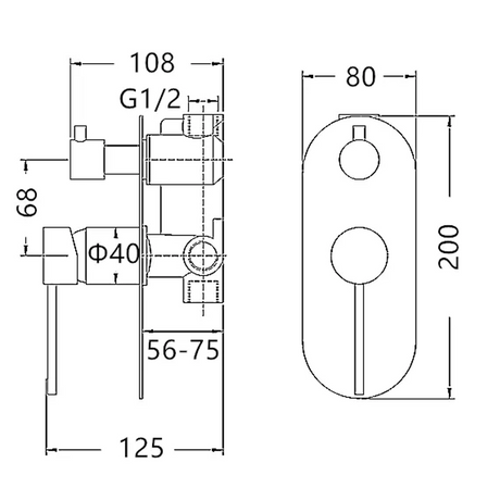 ROUL Shower/Wall Mixer with Diverter - Black & Rose Gold Technical Drawing